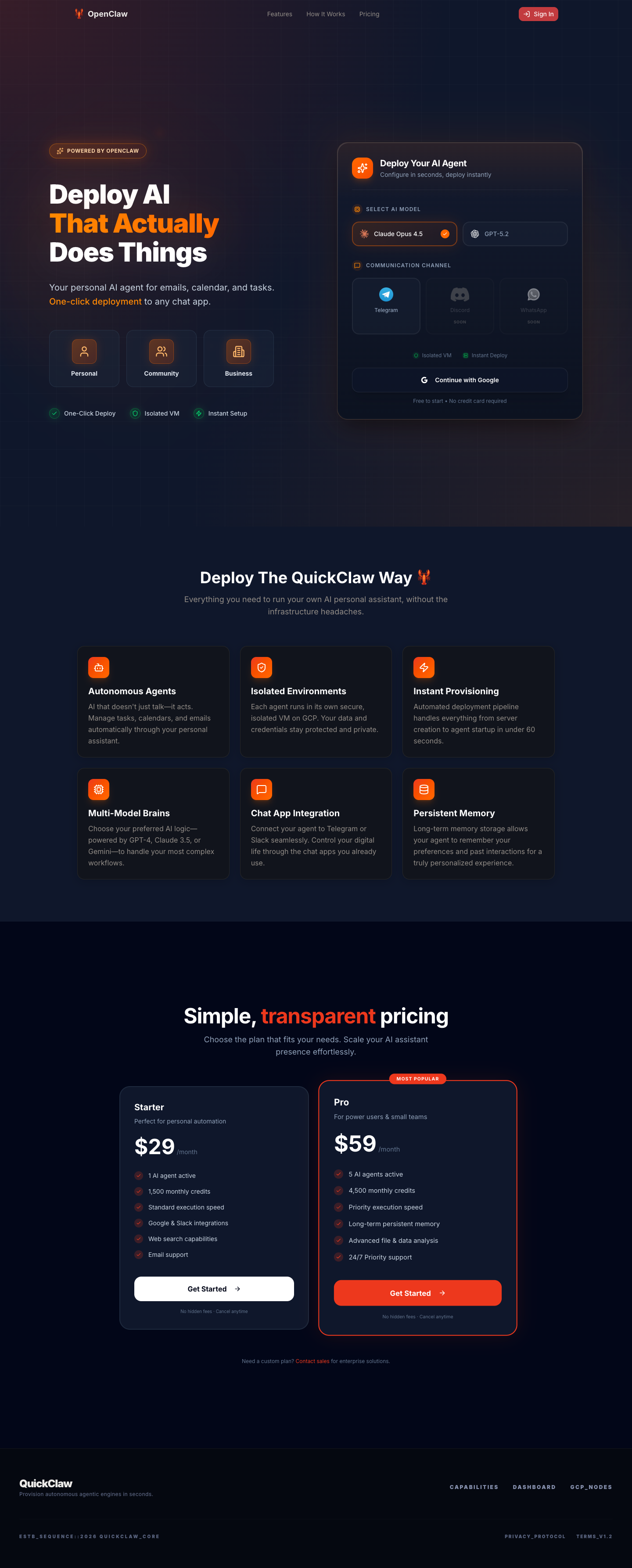 QuickClaw full landing page screenshot