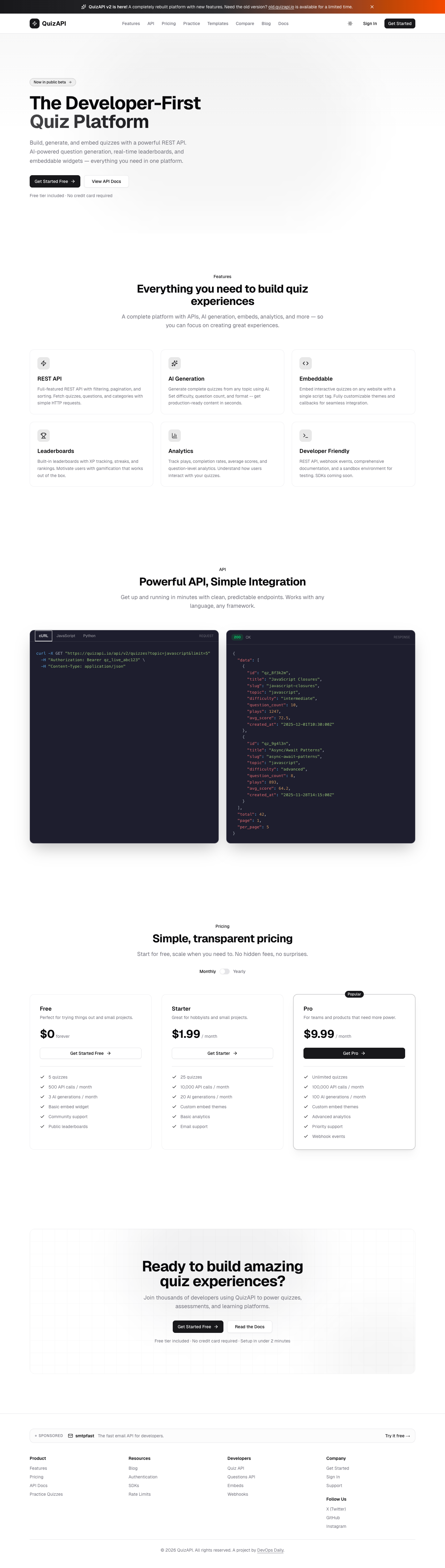 Quiz API full landing page screenshot