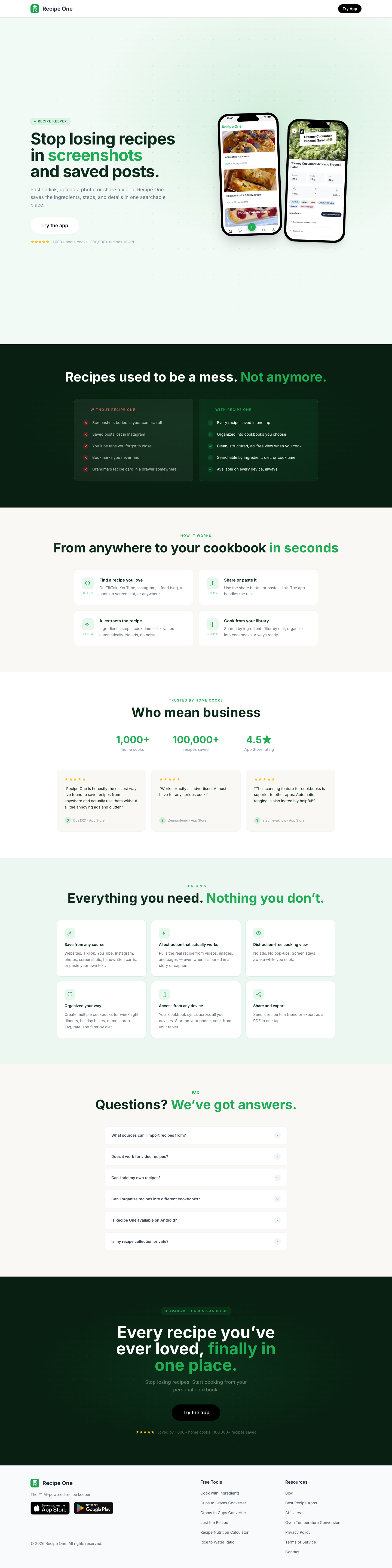 Recipe One full landing page screenshot