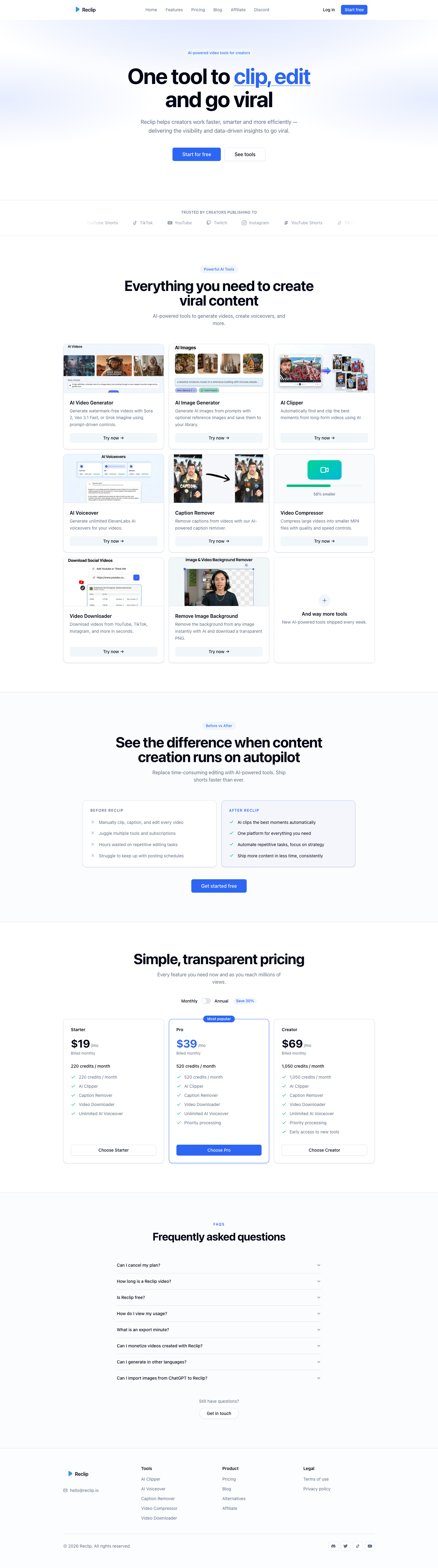 Reclip.io full landing page screenshot