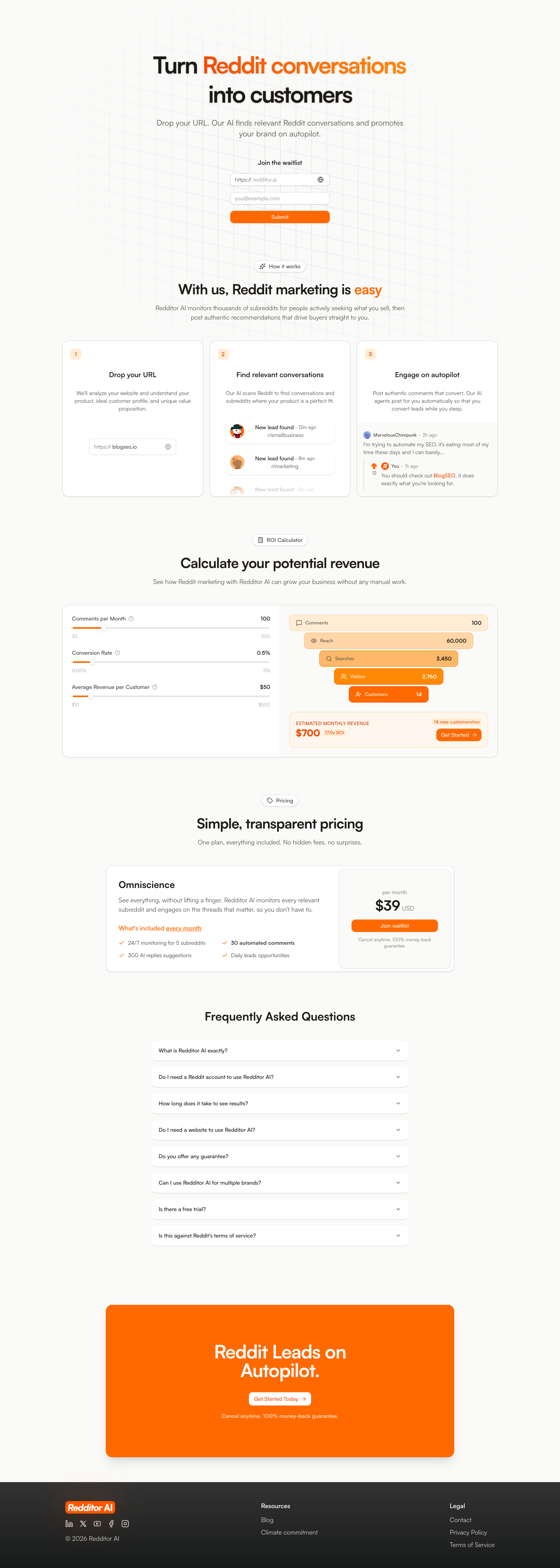 Redditor AI full landing page screenshot