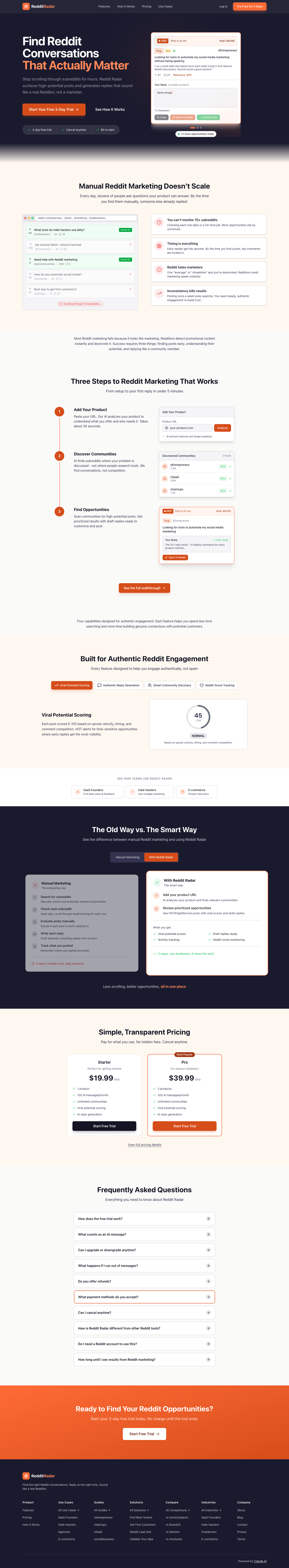 RedditRadar full landing page screenshot