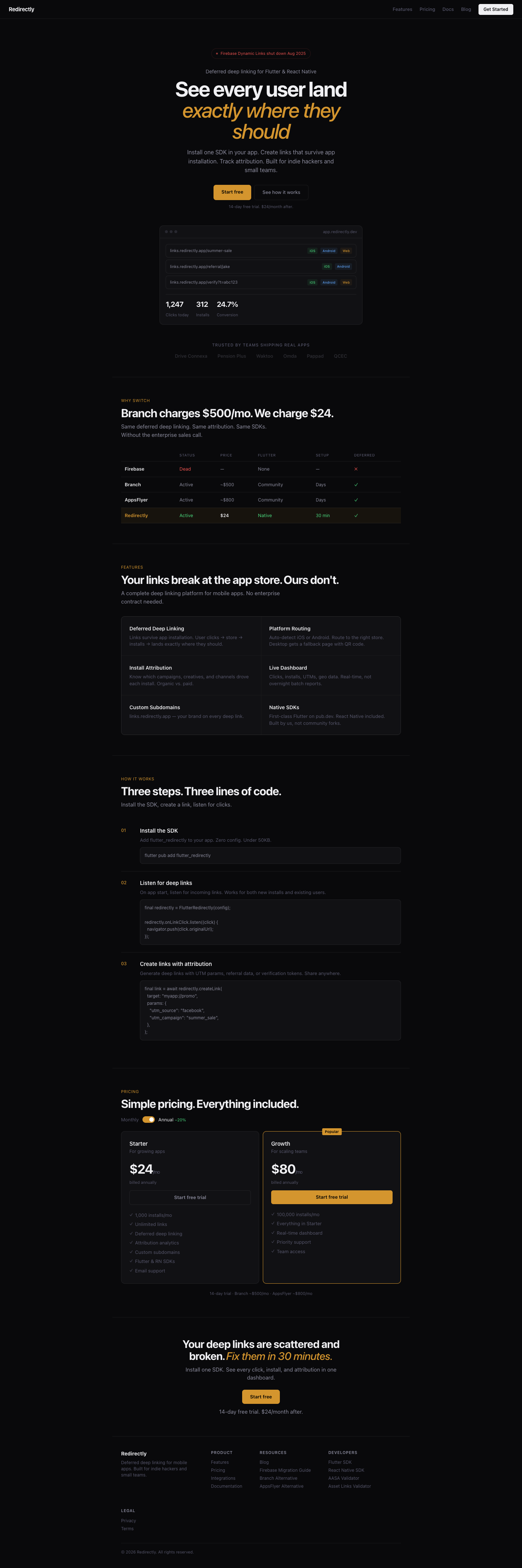 Redirectly full landing page screenshot