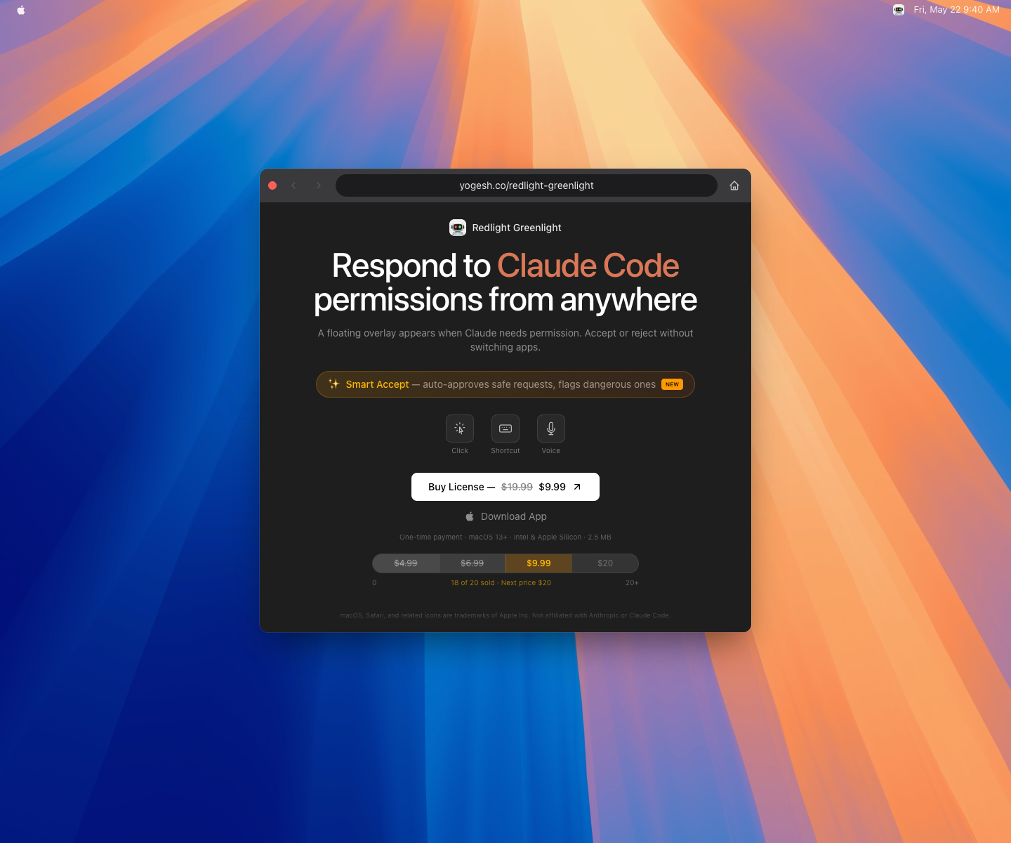 Redlight Greenlight for Claude Code full landing page screenshot