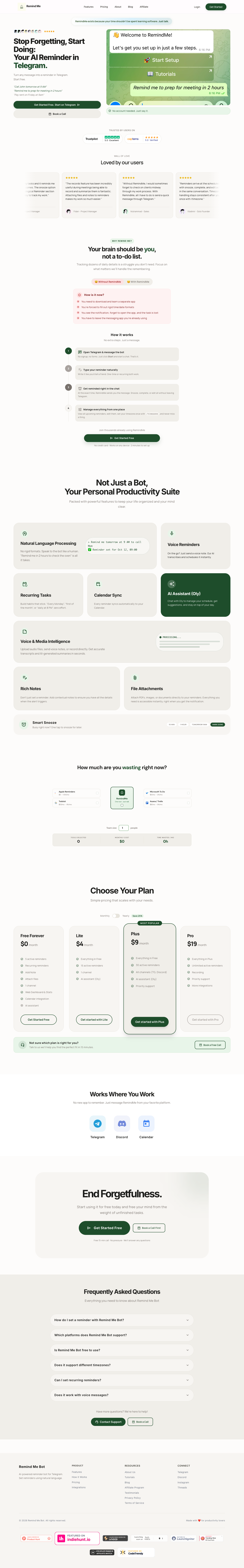 Remind Me Bot full landing page screenshot