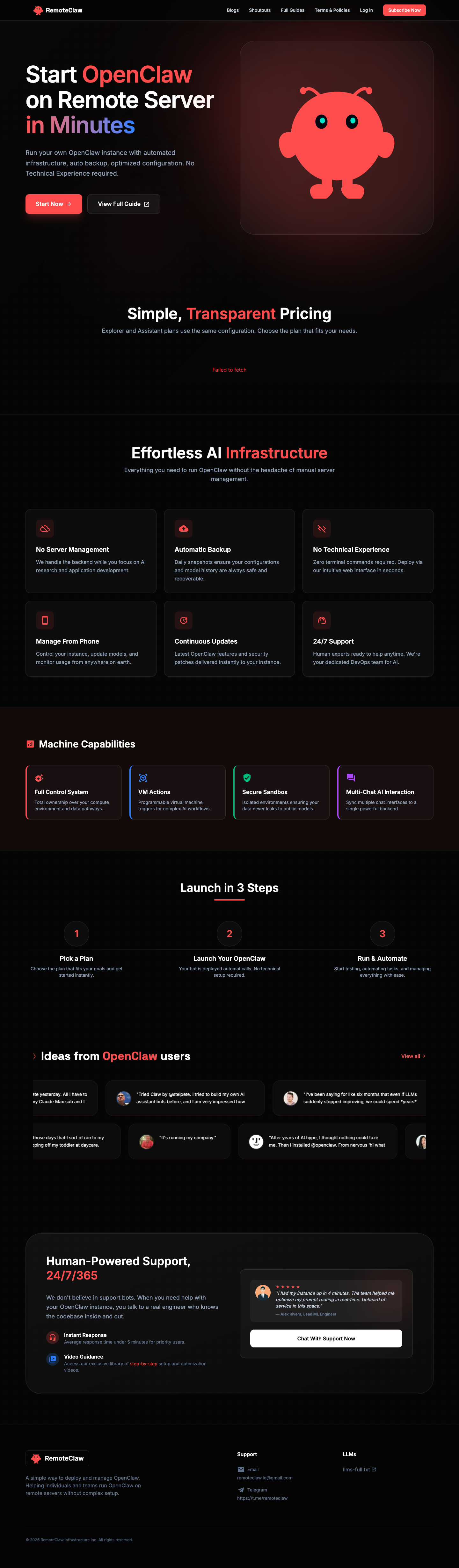 RemoteClaw full landing page screenshot
