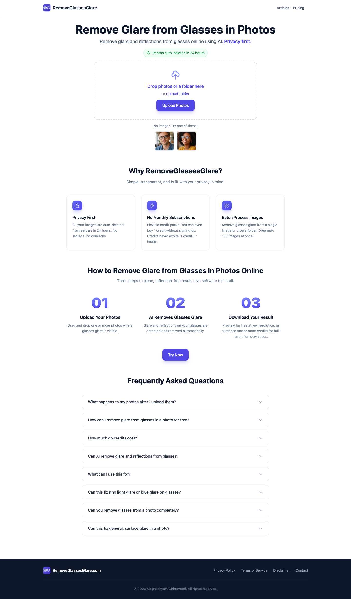 RemoveGlassesGlare full landing page screenshot