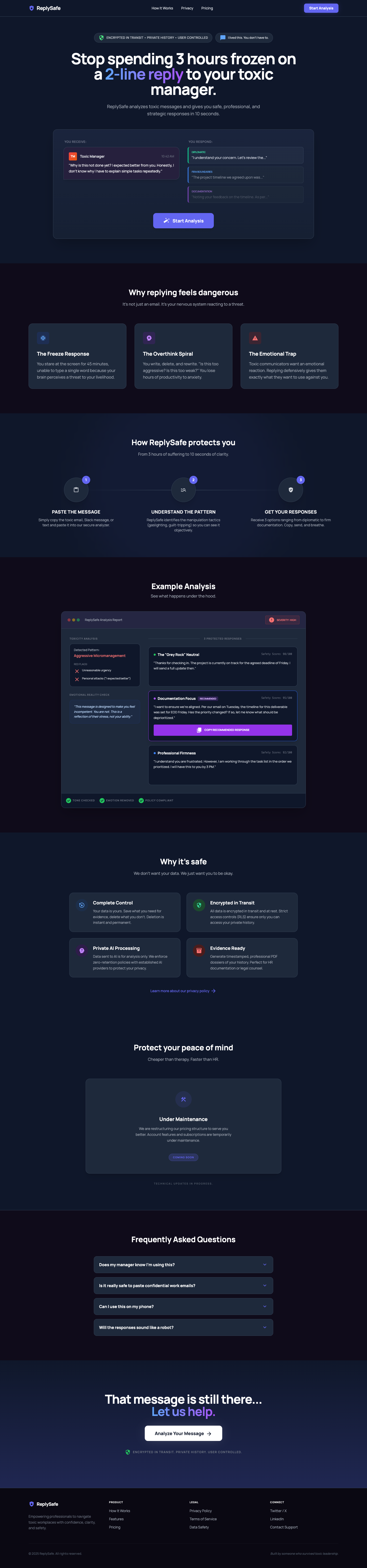 Reply Safe full landing page screenshot