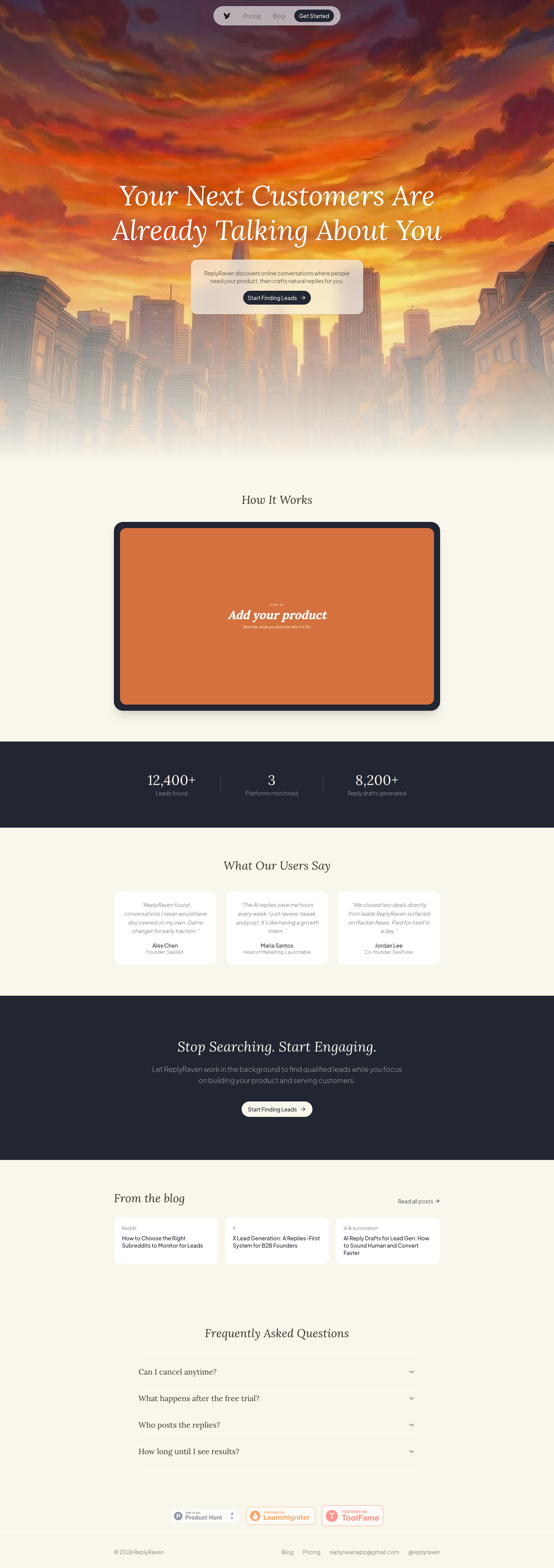 ReplyRaven full landing page screenshot