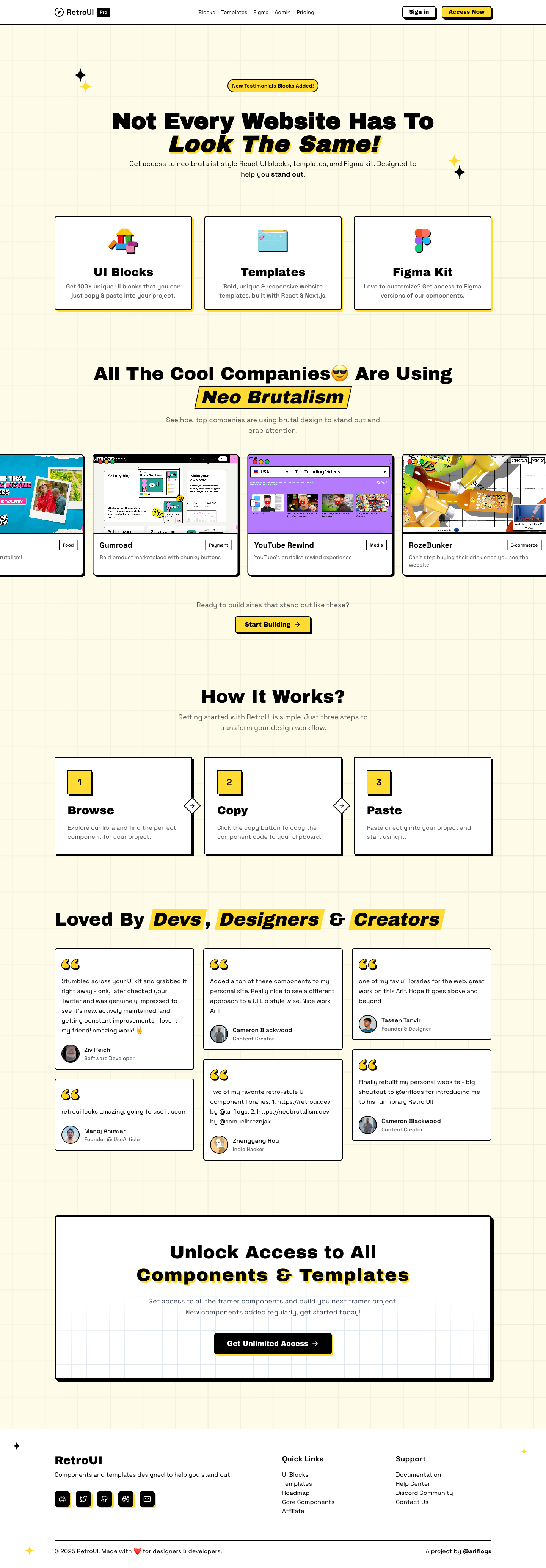 RetroUI Pro full landing page screenshot