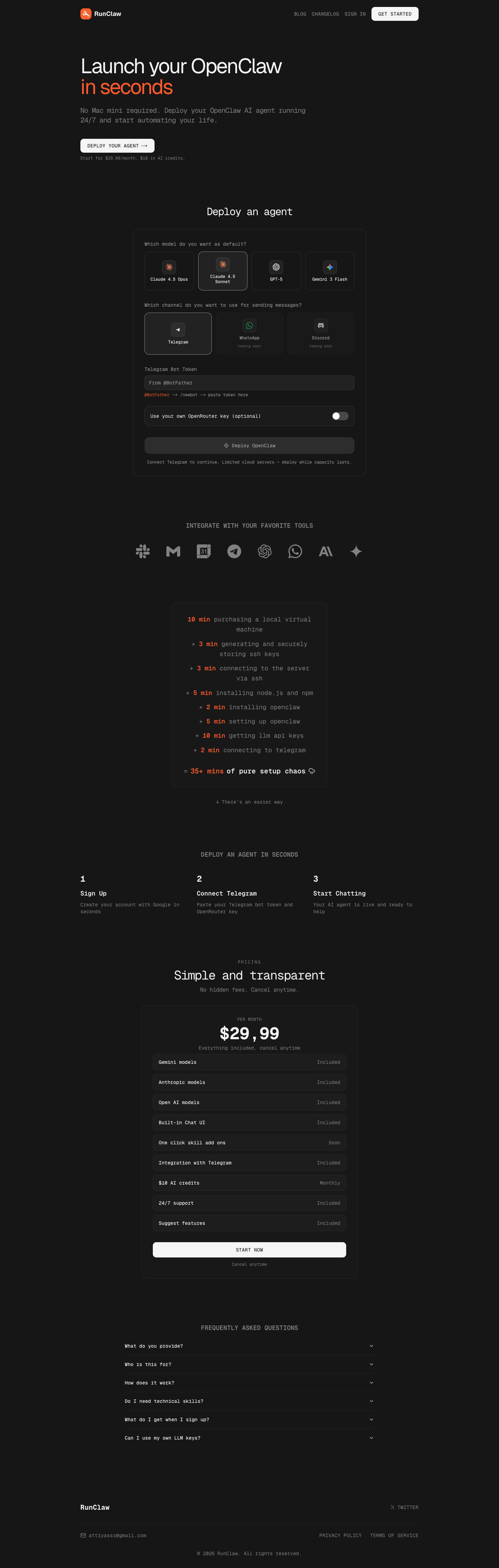 runclaw.sh full landing page screenshot