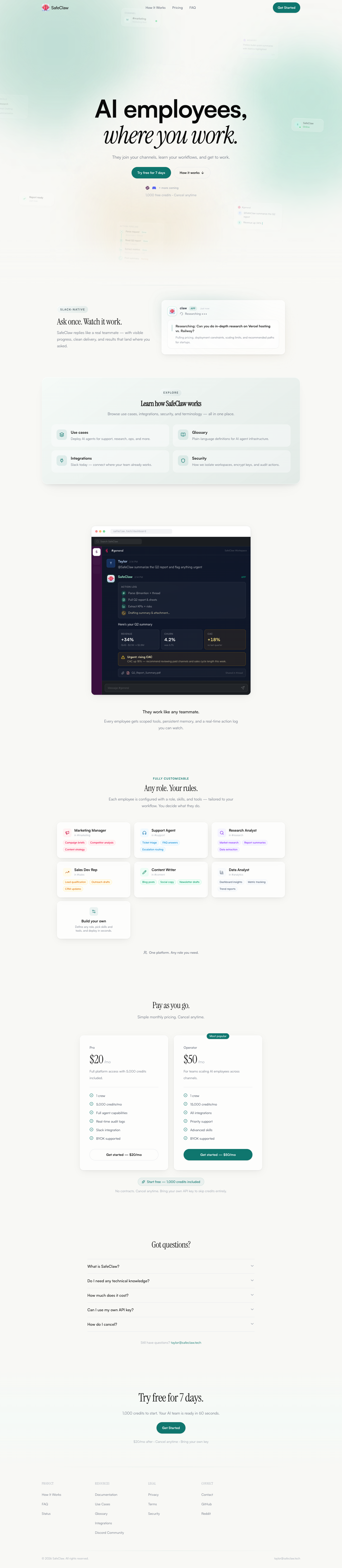 SafeClaw full landing page screenshot