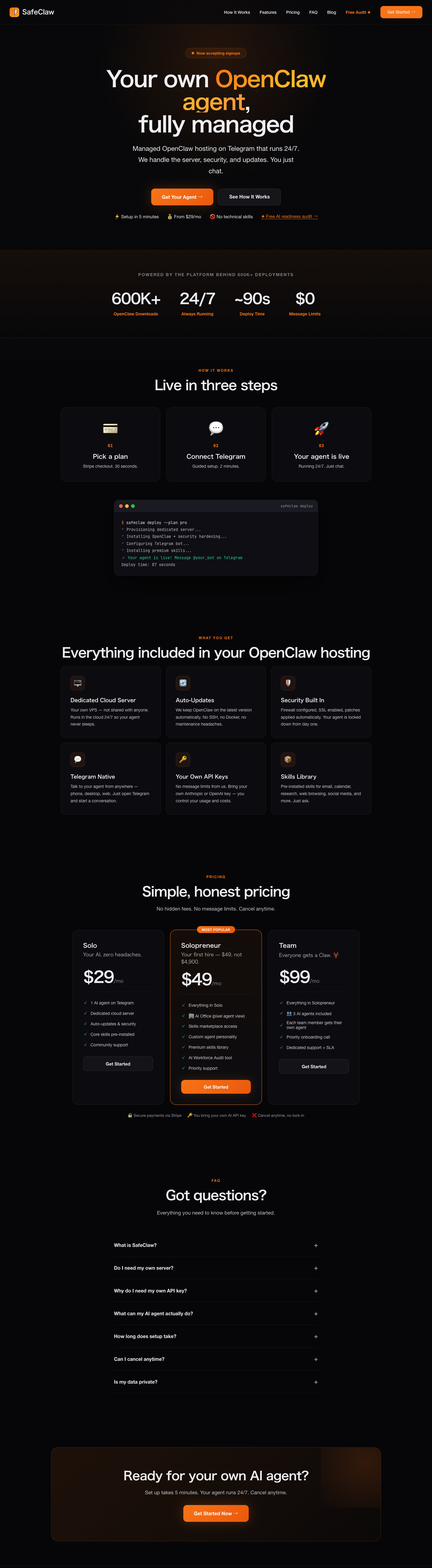 SafeClaw full landing page screenshot