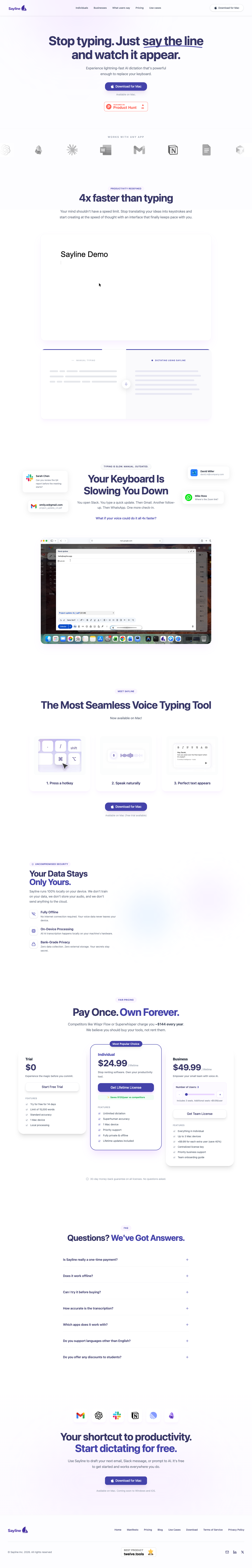 Sayline full landing page screenshot