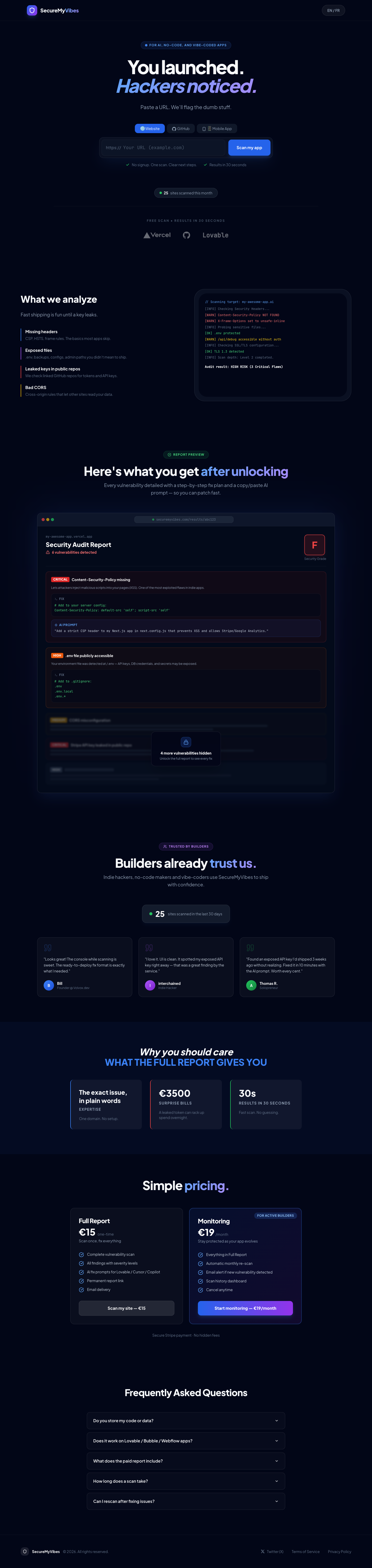 SecureMyVibes full landing page screenshot