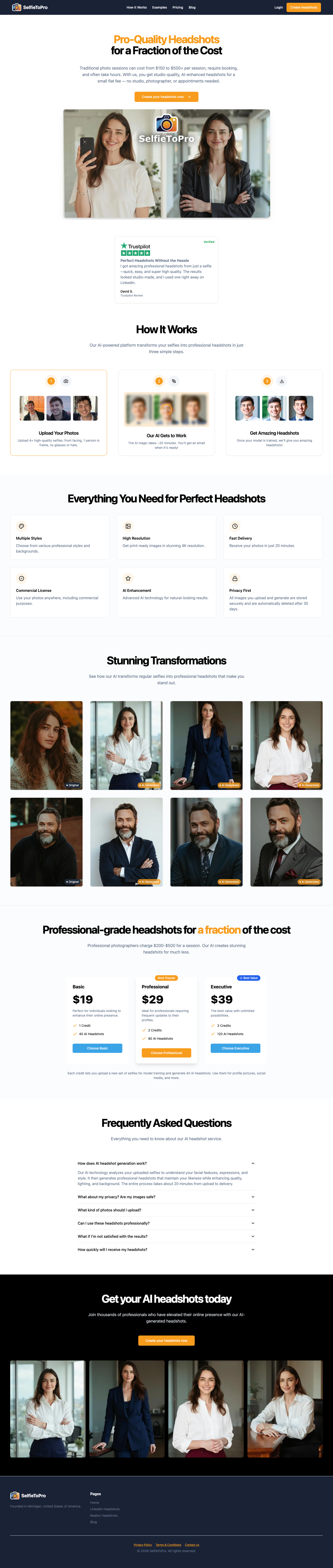 SelfieToPro full landing page screenshot