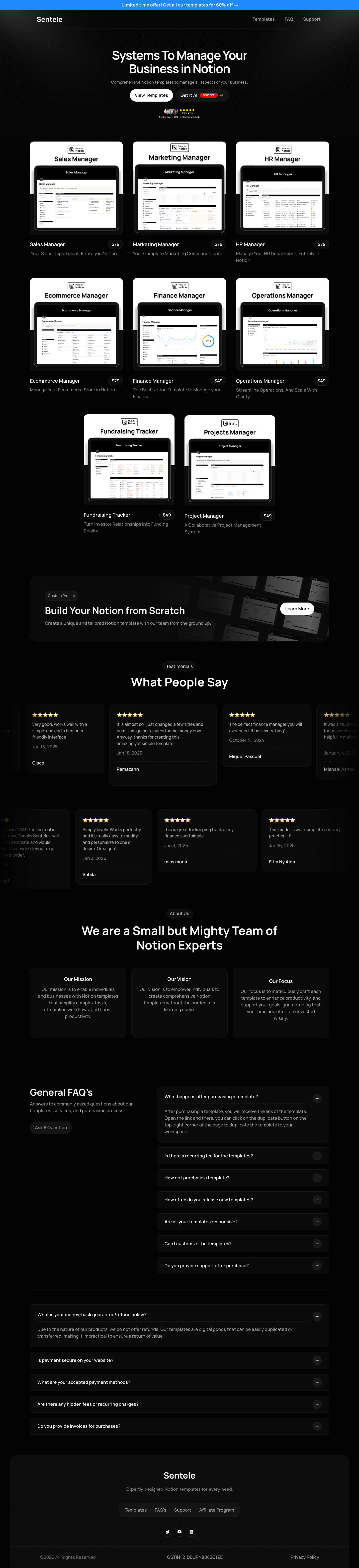 Sentele full landing page screenshot