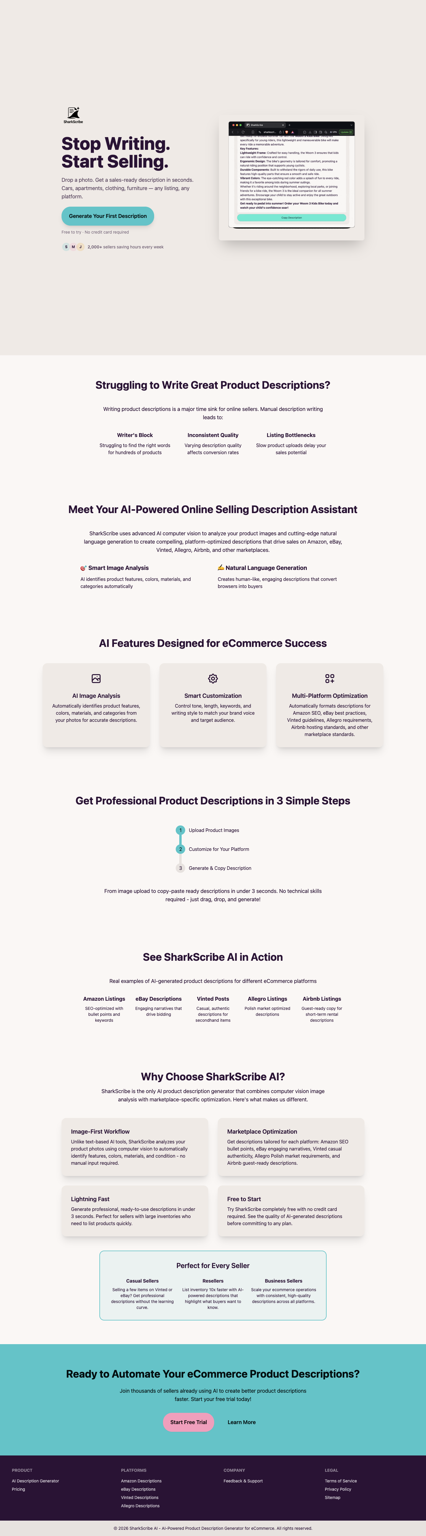 SharkScribe full landing page screenshot