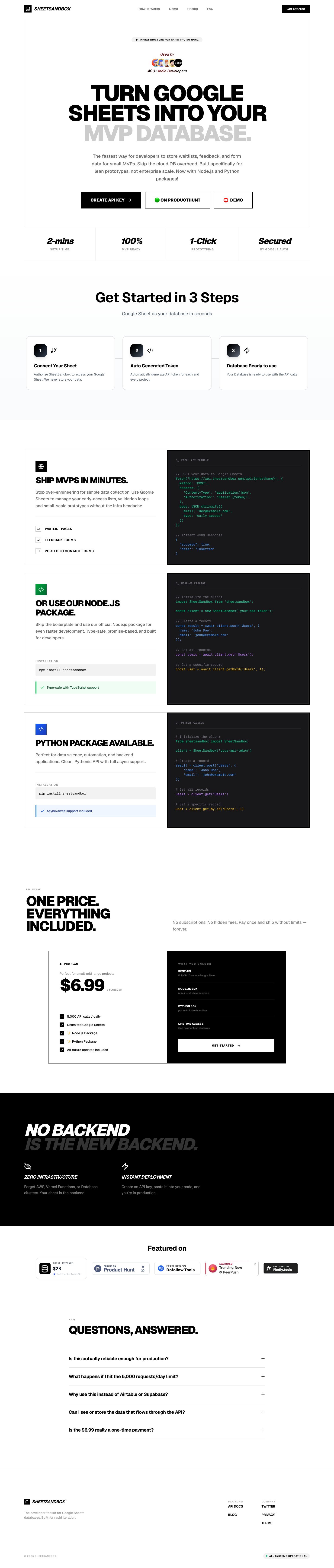 SheetSandBox full landing page screenshot