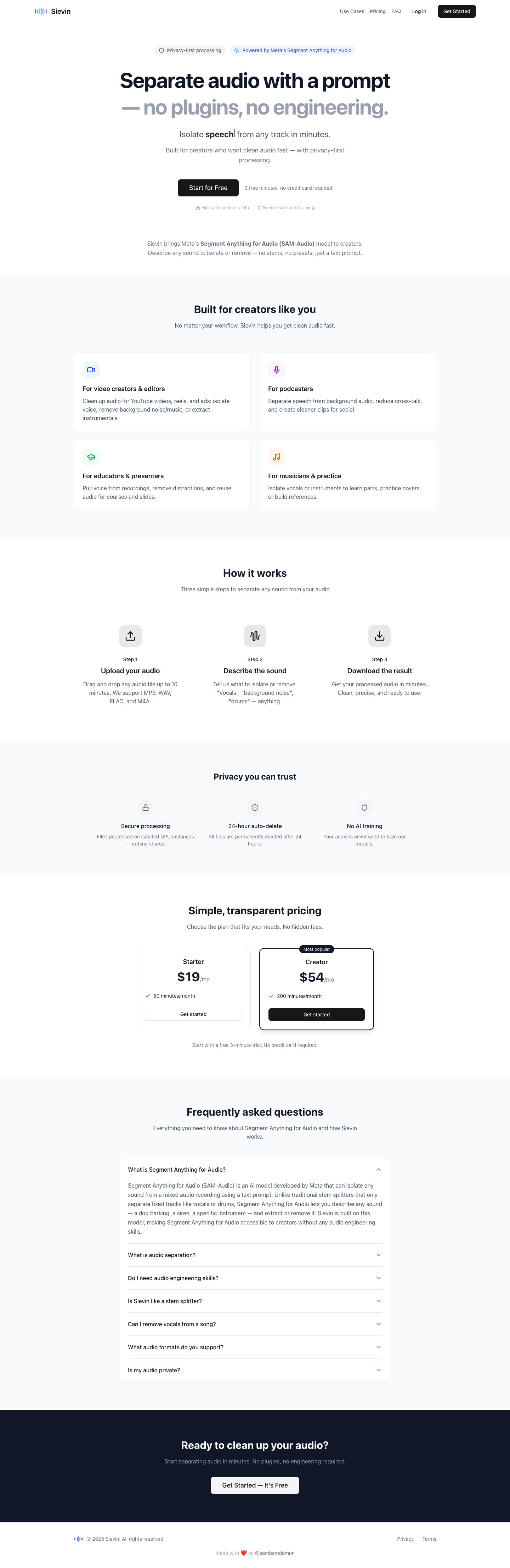 Sievin full landing page screenshot