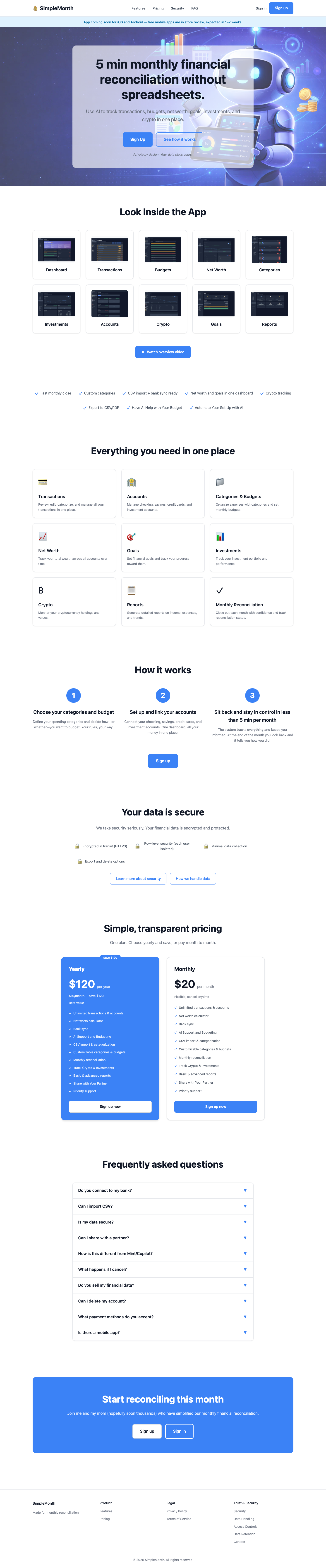 SimpleMonth App full landing page screenshot