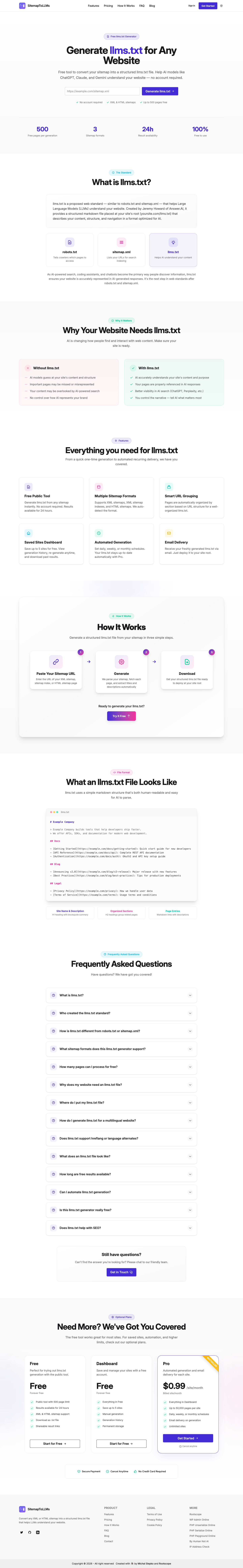 SitemapToLLMs full landing page screenshot
