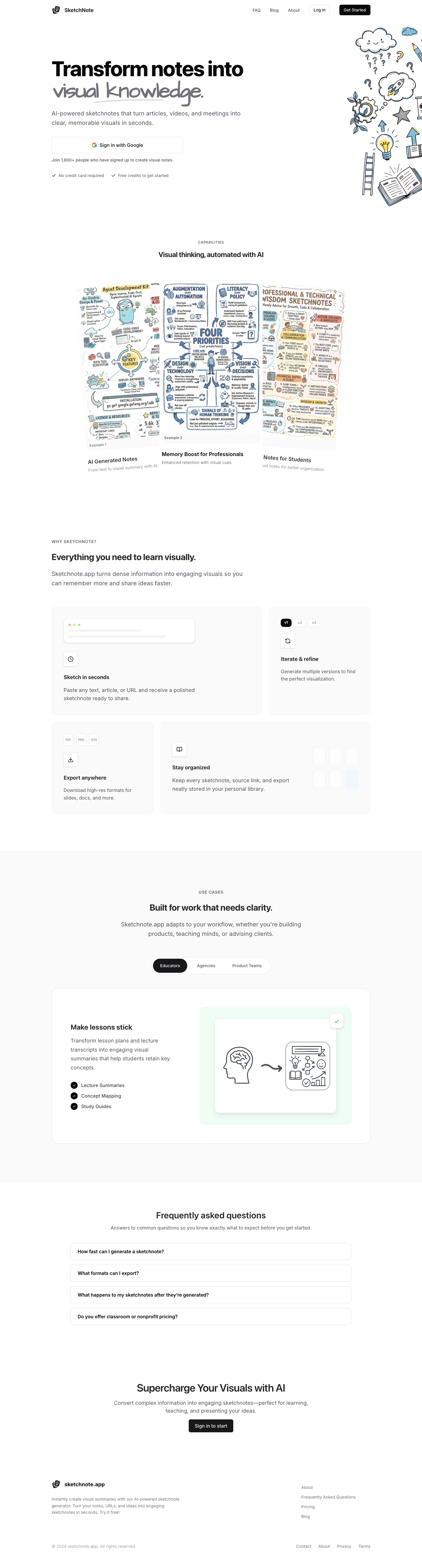 Sketch Note full landing page screenshot