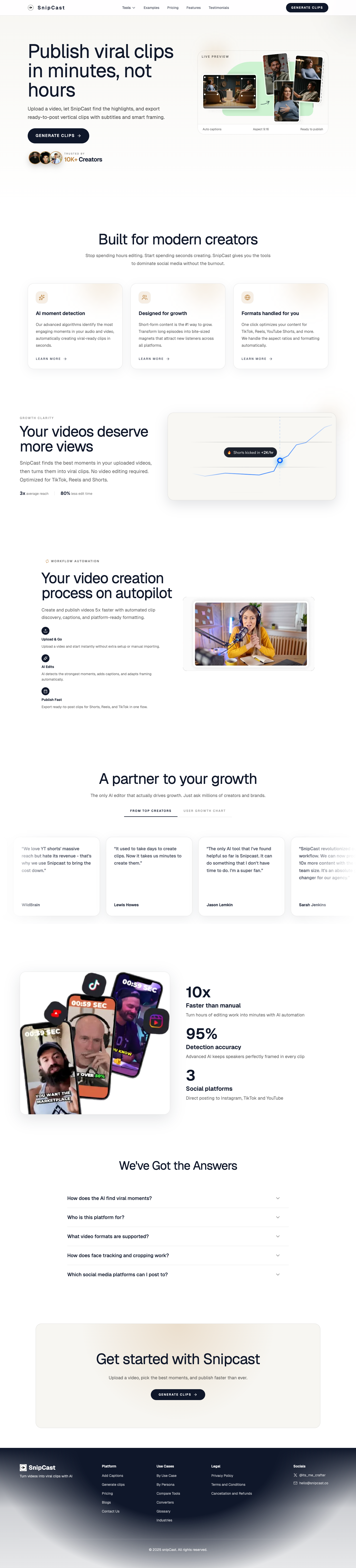 snipcast full landing page screenshot