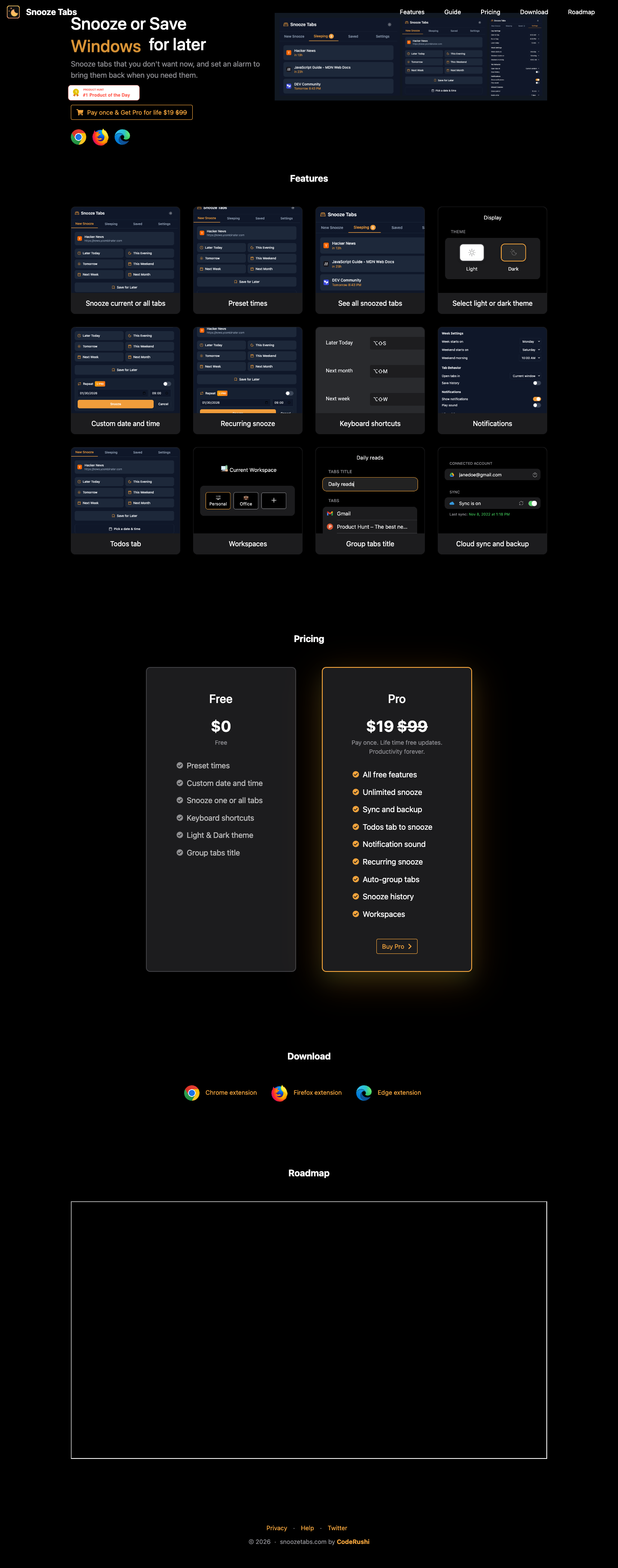 SnoozeTabs full landing page screenshot
