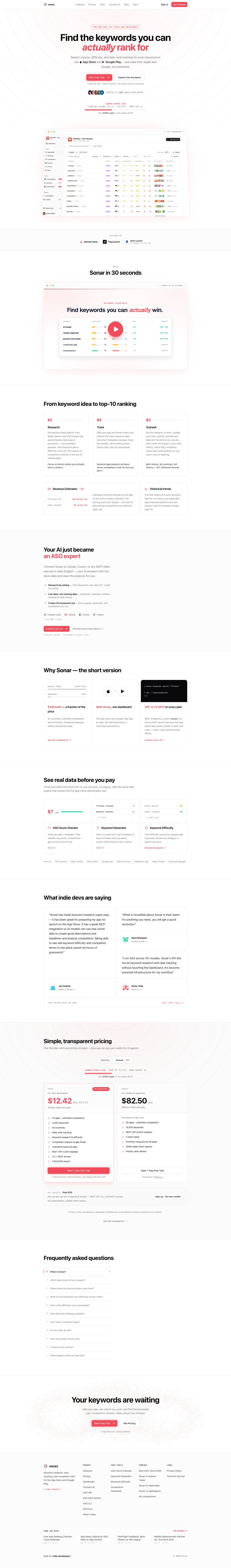 Sonar - ASO tool full landing page screenshot
