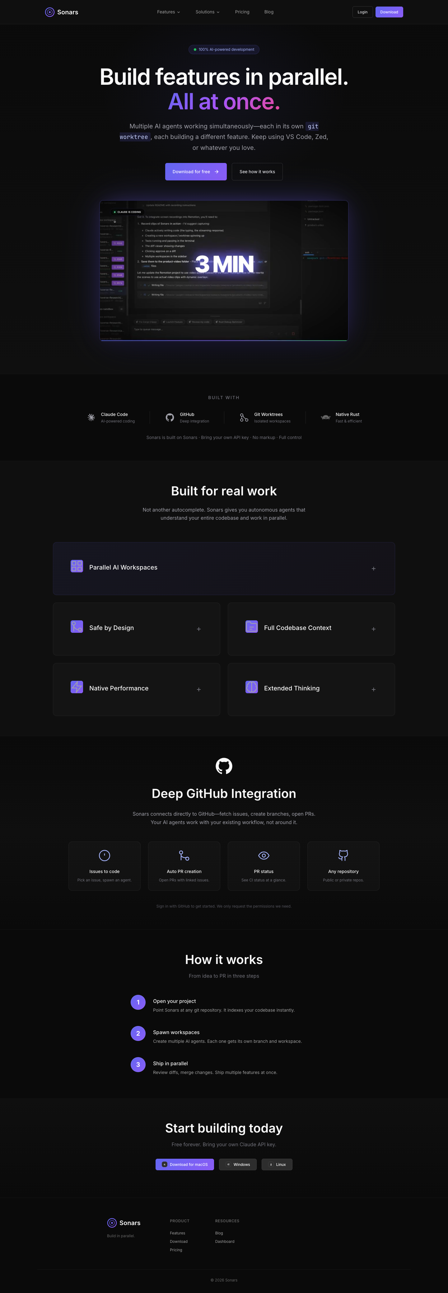 Sonars full landing page screenshot