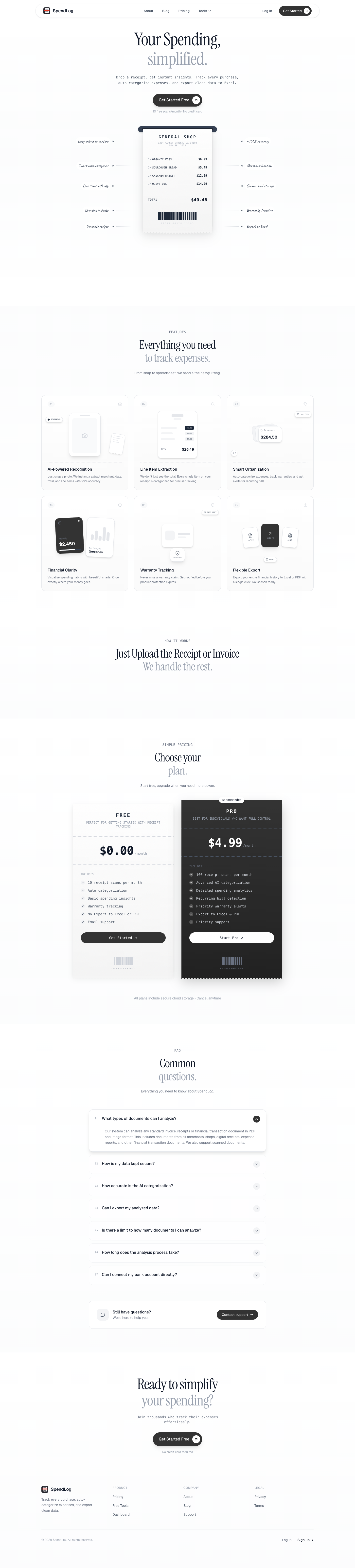 SpendLog full landing page screenshot