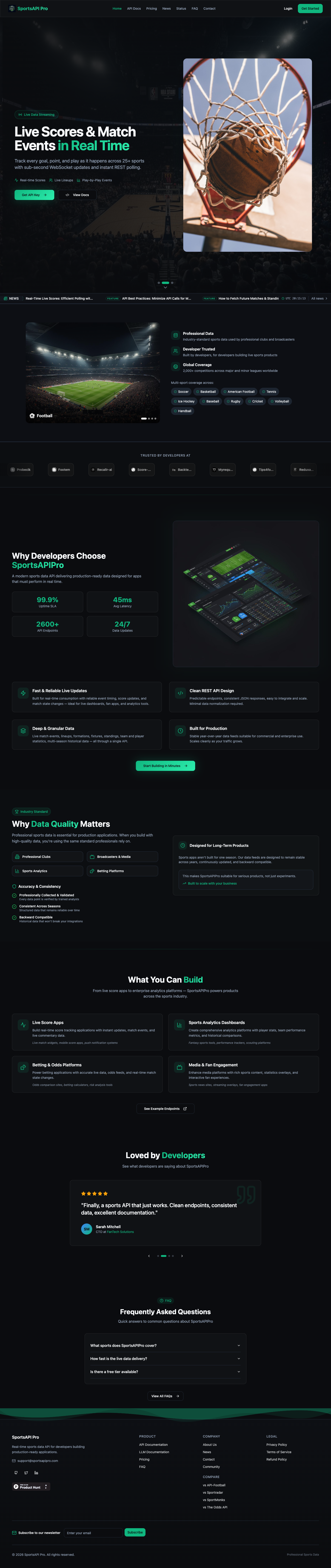 SportsApi Pro full landing page screenshot