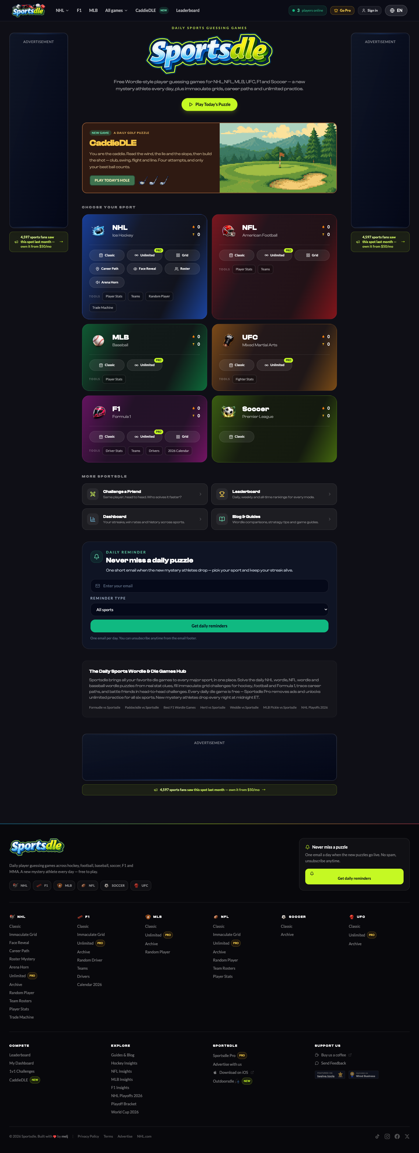Sportsdle full landing page screenshot