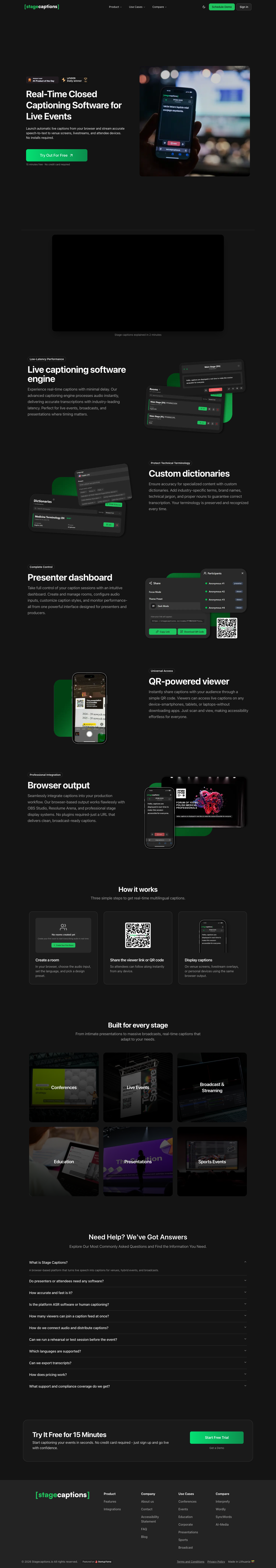 stagecaptions.io full landing page screenshot