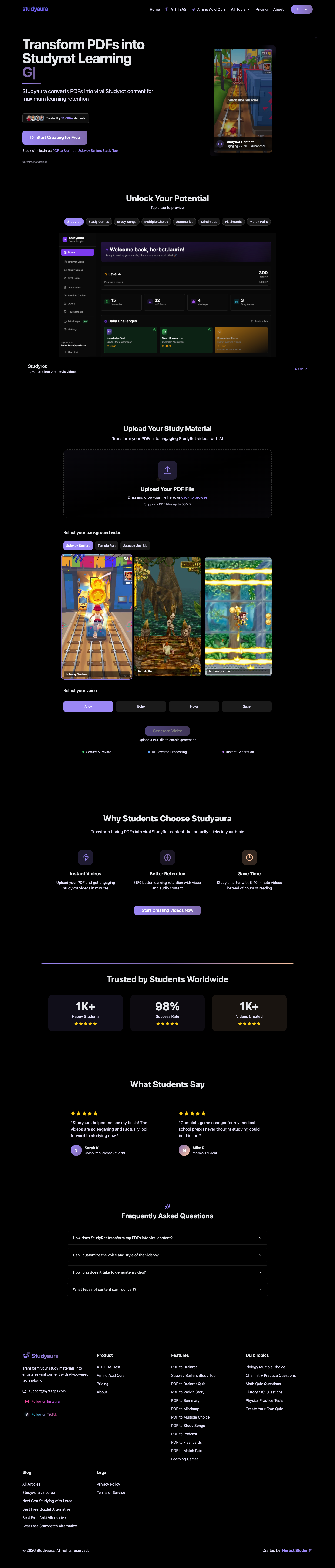 Studyaura: Viral AI "Brainrot" Study App full landing page screenshot