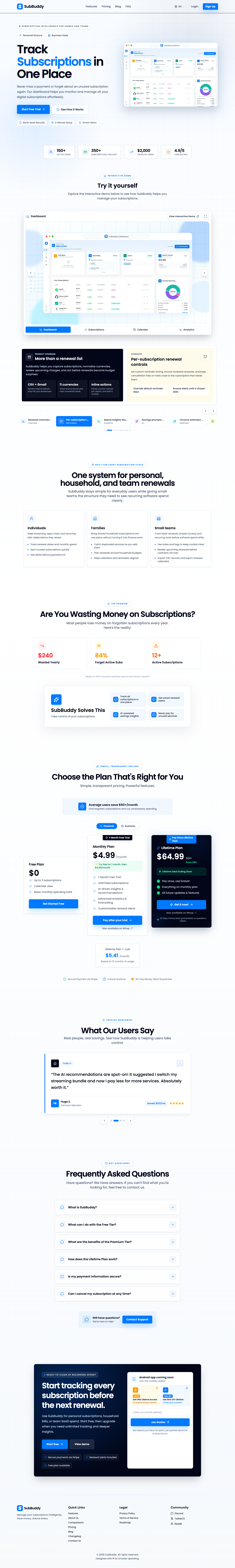 SubBuddy full landing page screenshot