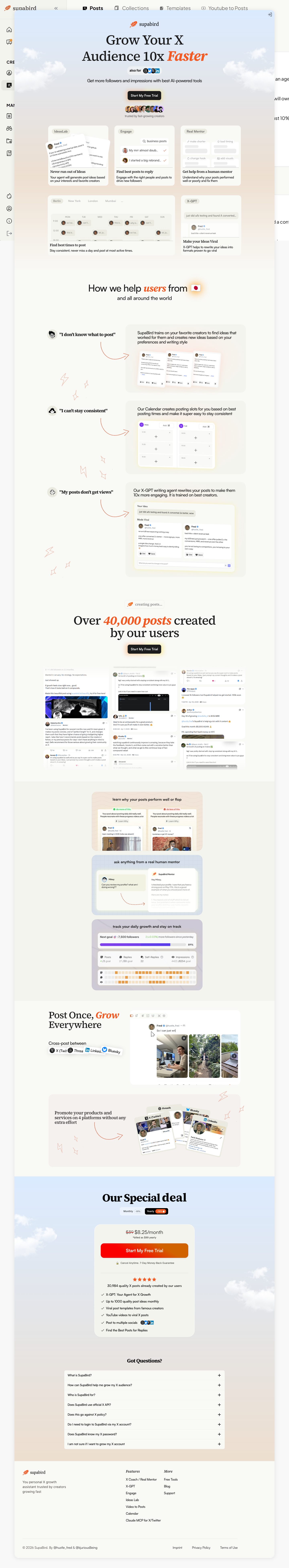 SupaBird - Grow on X full landing page screenshot