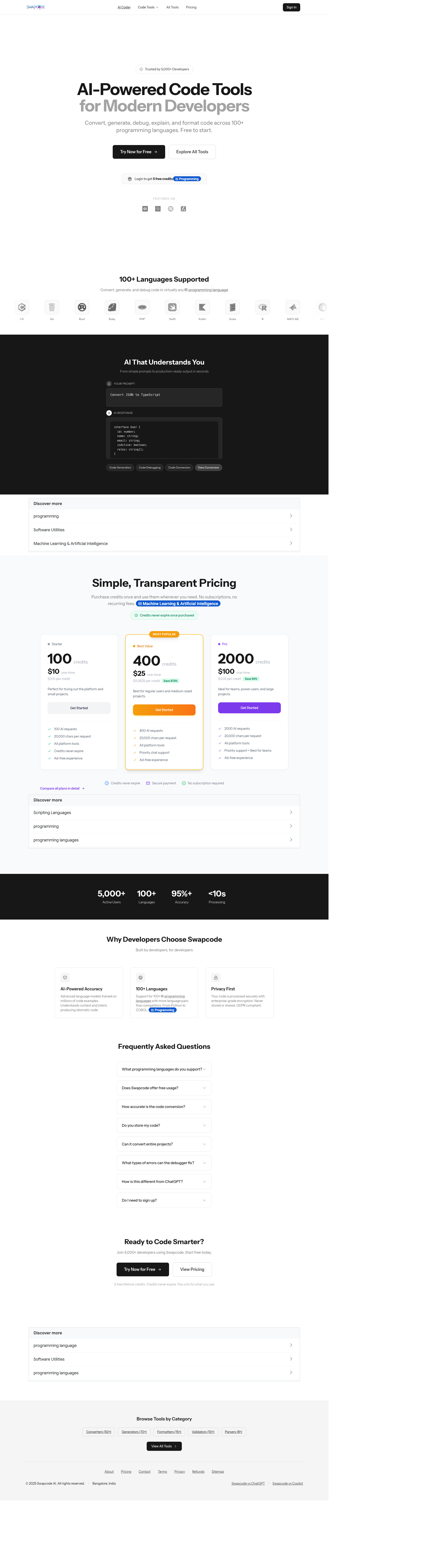 Swapcode.ai full landing page screenshot