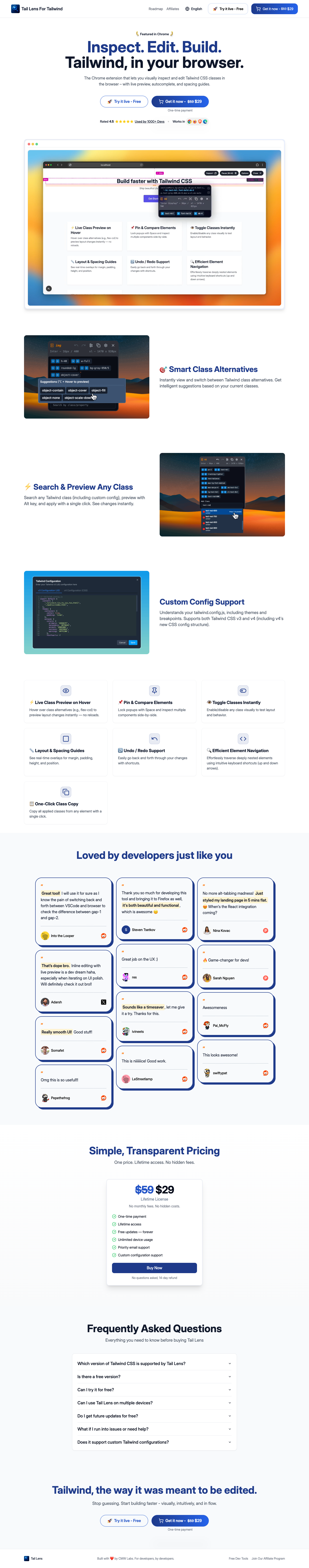 Taillens - Tool for frontend developers full landing page screenshot