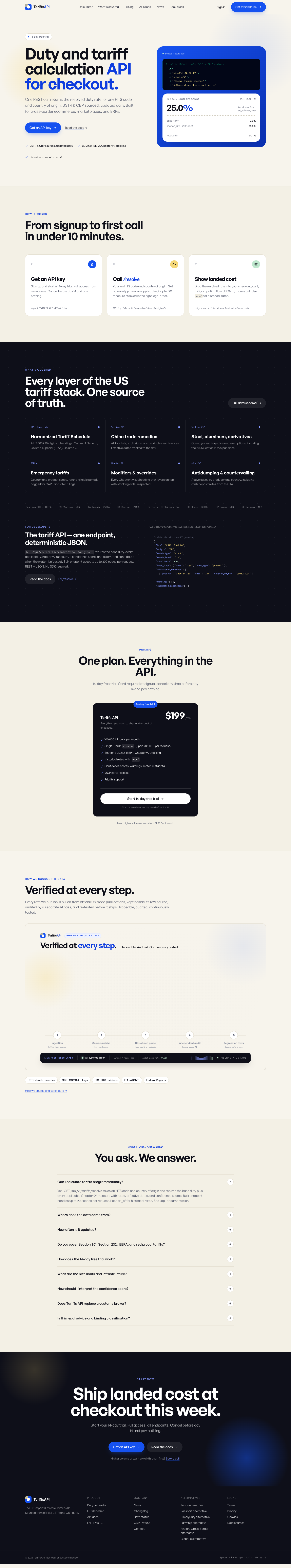 TariffsAPI full landing page screenshot
