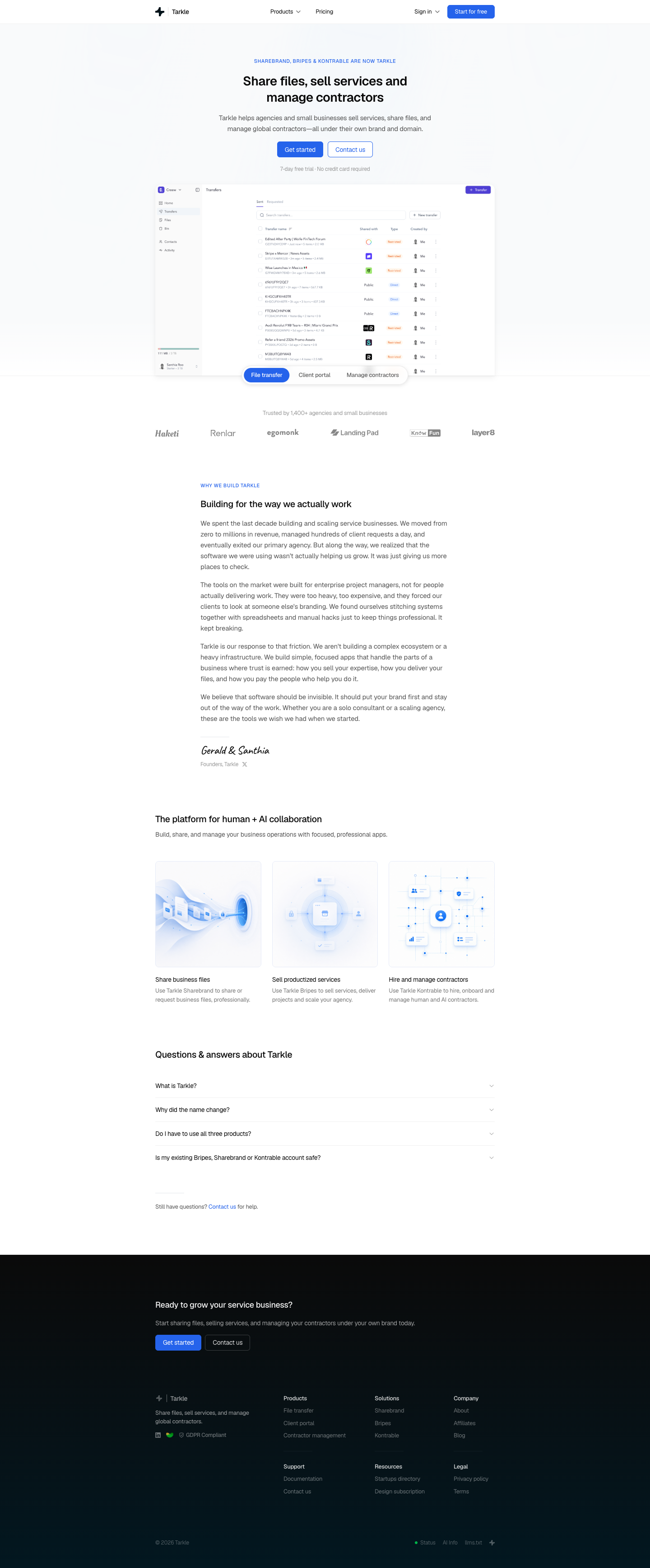 Tarkle full landing page screenshot