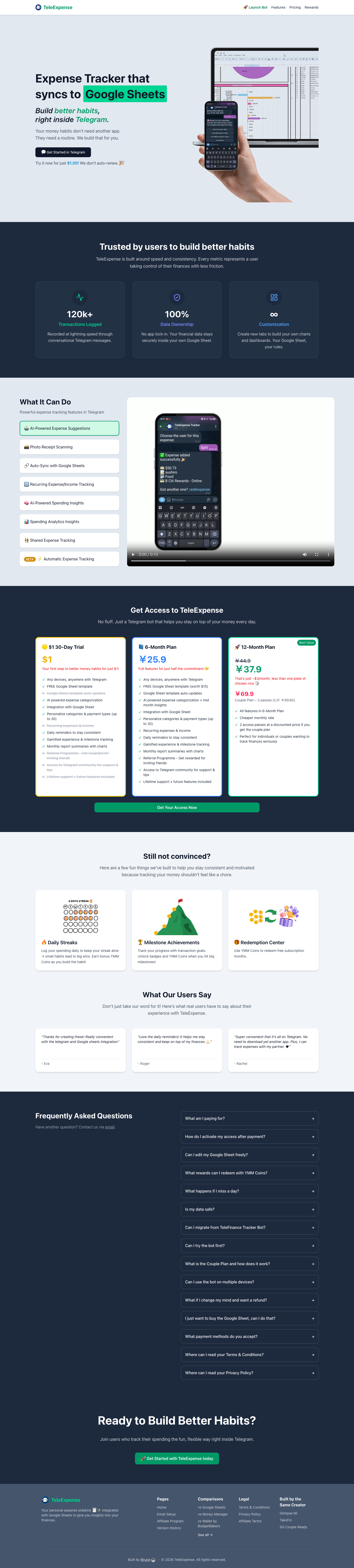 TeleExpense Tracker full landing page screenshot