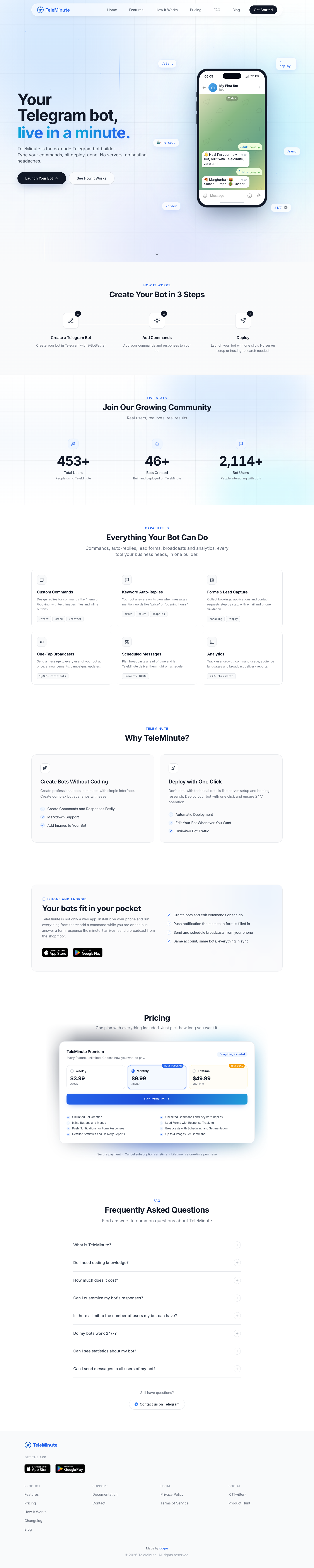 TeleMinute full landing page screenshot