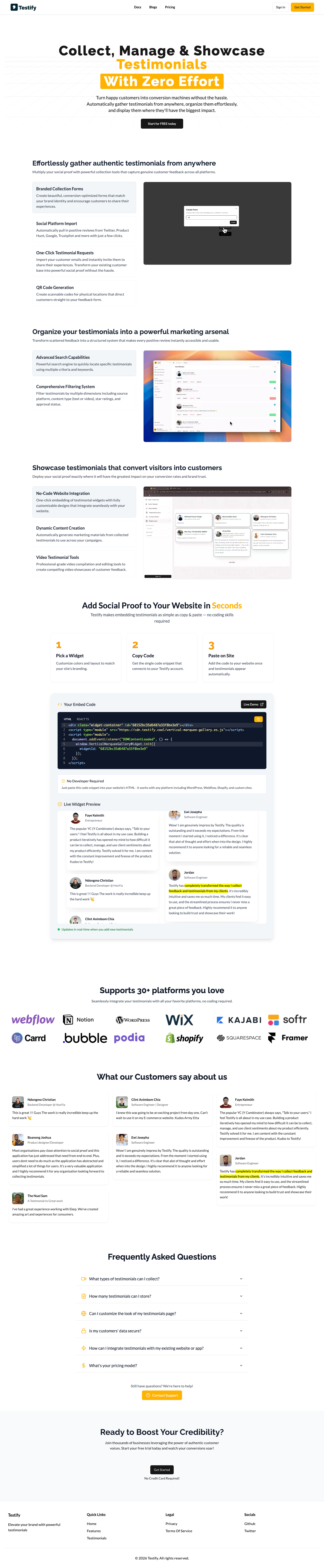 Testify full landing page screenshot