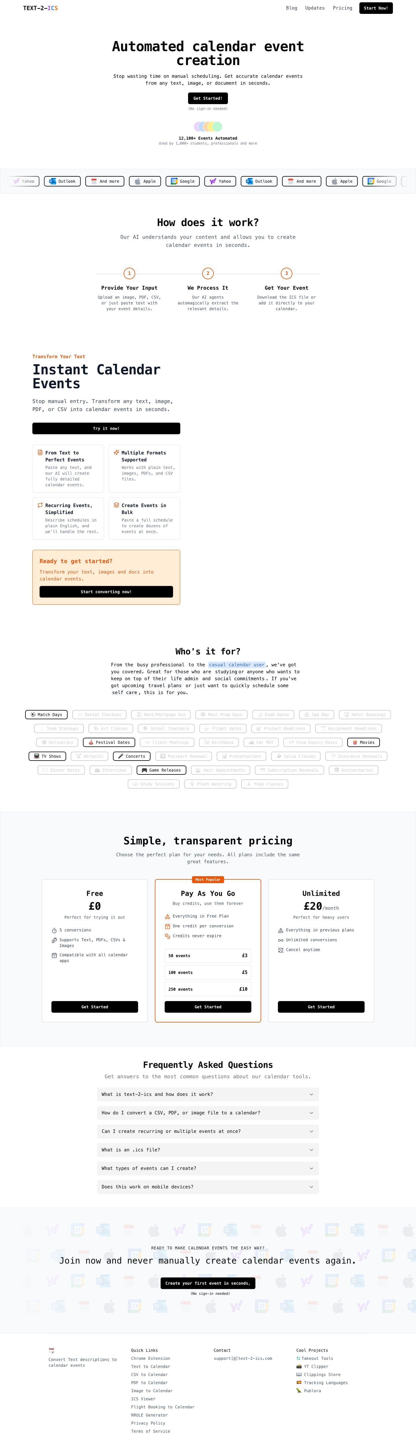 TEXT-2-ICS full landing page screenshot
