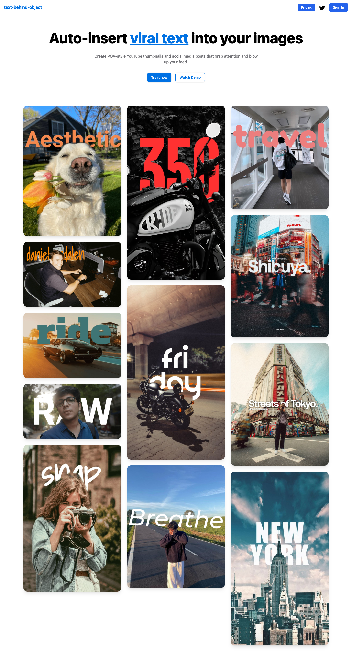 Text Behind Object full landing page screenshot