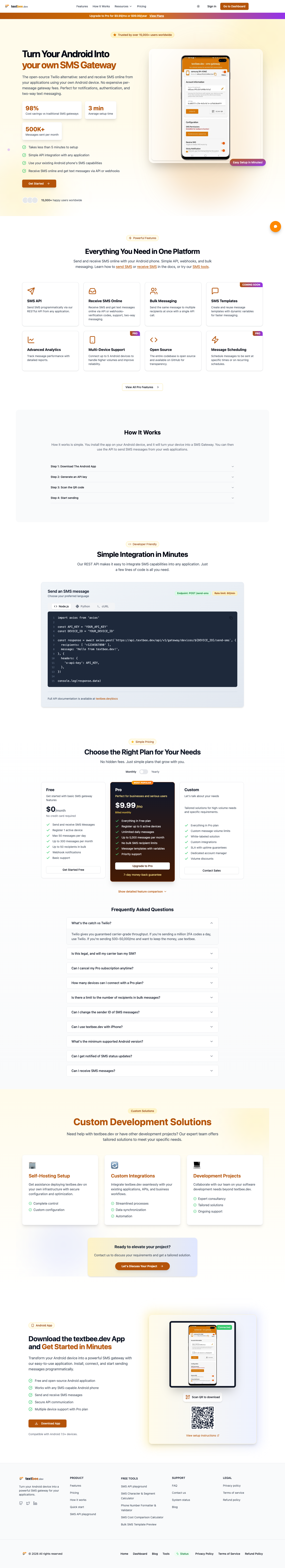 textbee full landing page screenshot