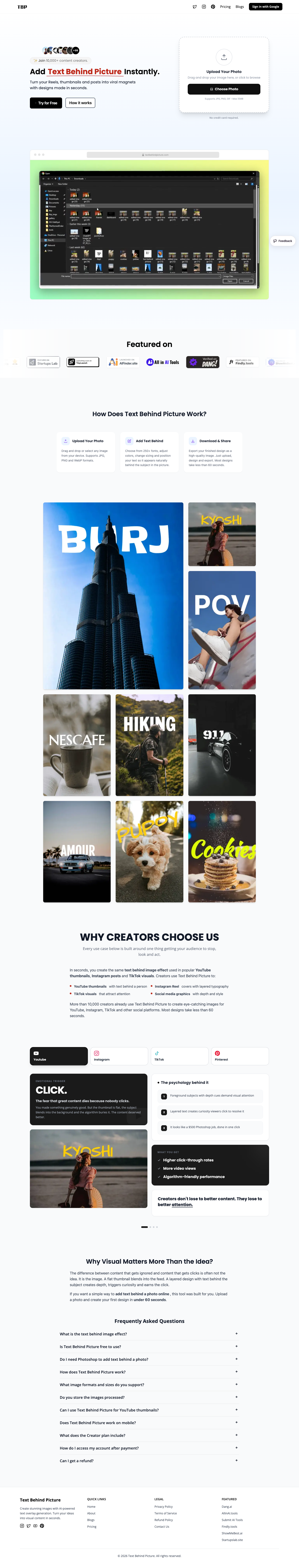 TextBehindPicture full landing page screenshot