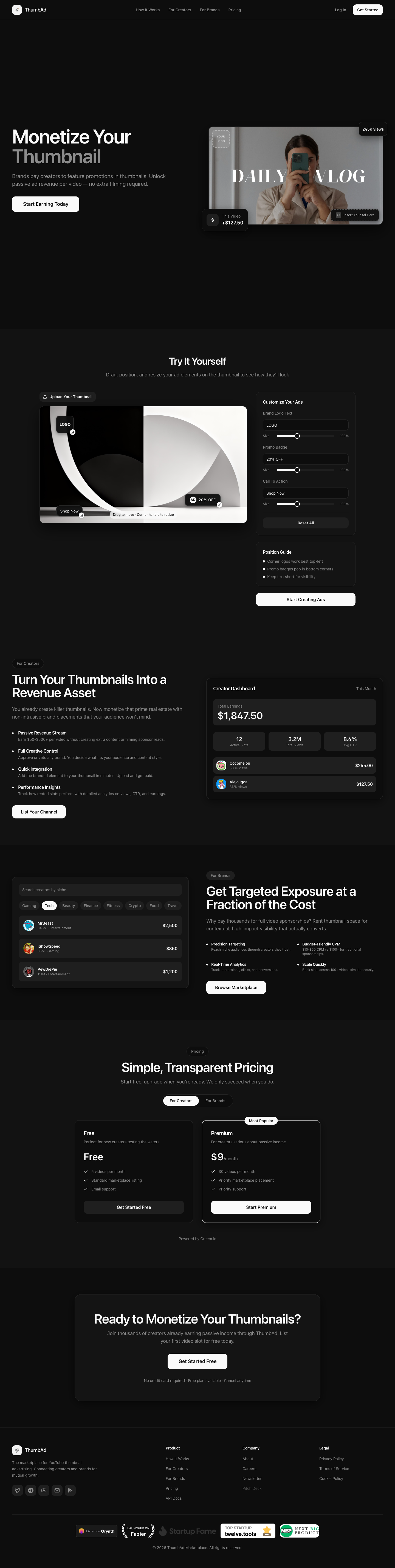 ThumbAd full landing page screenshot